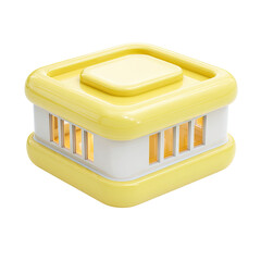 A pale yellow, cubic humidifier with a slightly raised, square top and illuminated, rectangular vents along its base