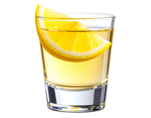A shot glass filled with pale yellow liquid, garnished with a lemon wedge.  The liquid is clear and the glass is short and thick