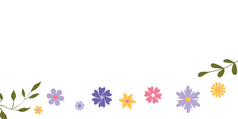 Hand drawn floral background, banner with color leaves, flowers. Abstract modern botanical compositions in simple style. Spring and summer vector illustration for poster, greeting card, invitation.