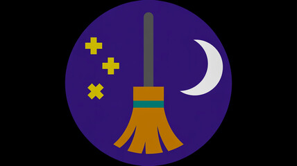 Witch's broomstick with moon and stars on a dark purple circular background magic spell