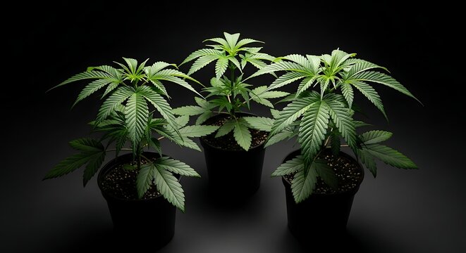 Trio of cannabis plants in pots symbolizing growth and potential