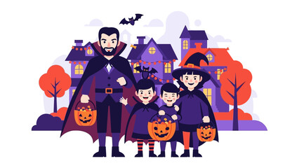 Halloween Family Celebration: A vibrant cartoon illustration of a family dressed up in Halloween costumes, filled with smiles and delight, embodying the spirit of fun.