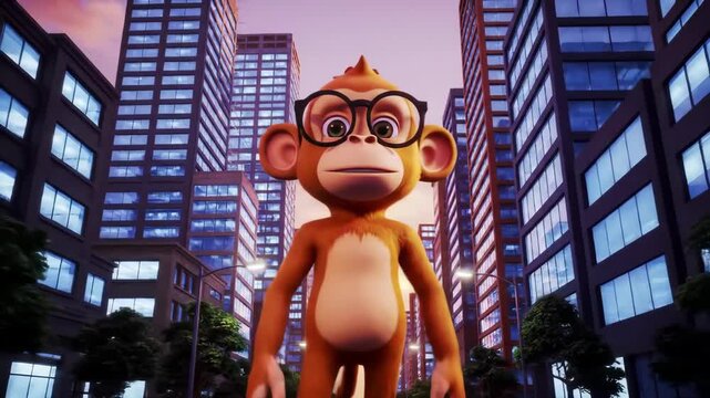 A cartoon monkey wearing glasses stands in a city street, surrounded by tall buildings.