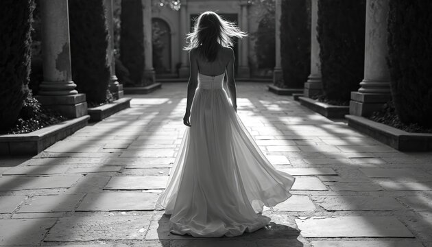 Rear view of woman in flowing gown walking on street with columns. Black, white greyscale photography. Bride in elegant wedding dress. Romantic lady in dress, with waving hairs at wind. Grace, - Powered by Adobe