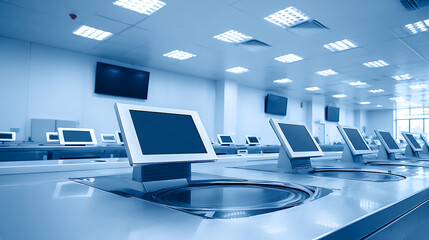 Modern computer workstations in a clean, well-lit laboratory environment with multiple monitors on desks.