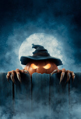 Orange Pumpkin with Black Witch Hat and Clawed Hands Gripping Dark Wooden Fence Under Full Moon at Night