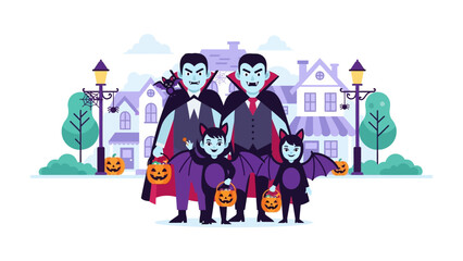 Spooky family on Halloween: A cartoon illustration of family in vampire costumes, stands against backdrop of haunted houses on Halloween evening. This image evokes spooky family tradition.