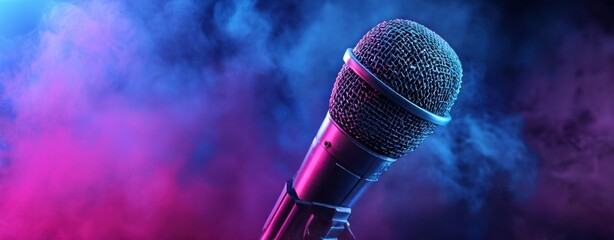 The Microphone on a Smoky Colorful Stage Ready for Live Performance