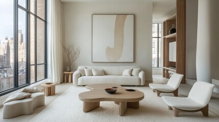 Scandinavian-inspired living room with clean lines, neutral colors, light wood decor, and a focus on natural light for a soothing atmosphere