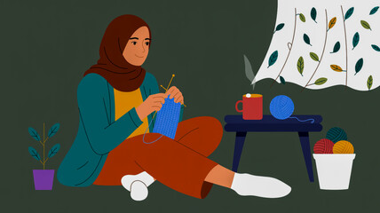 Woman in Hijab Knitting with Yarn and Coffee Cup Indoors muslim female