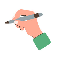 Vector illustration of human hand holding pen, isolated on white background. Writing and drawing concept. Flat simple hand drawn doodle design. 