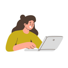 Cheerful young woman using a laptop, engaging in online activities or remote work. Vector illustration, flat simple hand drawn doodle design. A businesswoman works at a computer. Female employee