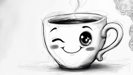 Delightful steaming coffee cup character winks playfully, radiating warmth and morning joy, perfect for cafe promotions and cozy branding