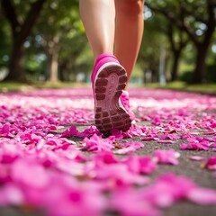 Pink Ribbon Race: Running for Breast Cancer Awareness running on the road, A close-up of a runner's foot stepping onto a vibrant path decorated with pink petals in a sunny outdoor setting. 