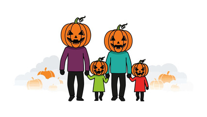 Jack O' Lantern Family Portrait: A quirky family portrait, each member adorned with a smiling jack o' lantern head, set against a whimsical background © hafs121