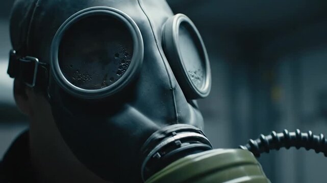 Closeup of a person wearing a gas mask depicting themes of danger and protection.