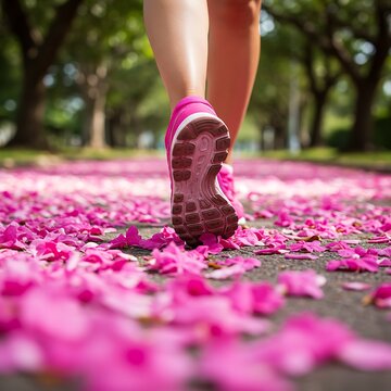 Pink Ribbon Race: Running for Breast Cancer Awareness running on the road, A close-up of a runner's foot stepping onto a vibrant path decorated with pink petals in a sunny outdoor setting. 