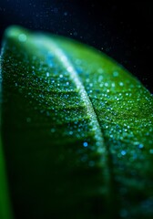 Intricate Details of a Vibrant Green Leaf Embellished with Sparkling Water Droplets Captured in