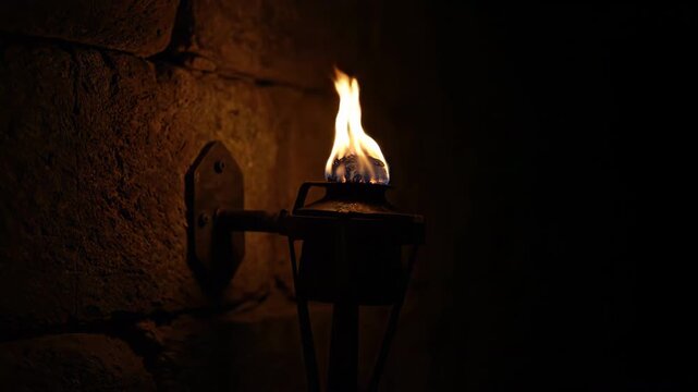 Timelapse of an ancient-looking torch burning brightly against a dark stone wall, fuel slowly consumed natural, background, fuel slowly consumed