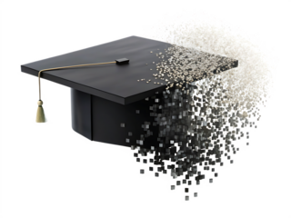  black graduation cap disintegrating into pixels on  white background ,PNG. AI  Generated 