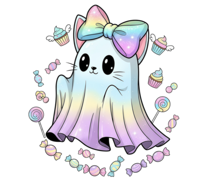 Halloween Cute Ghost Cat with Rainbow Bow and Candy