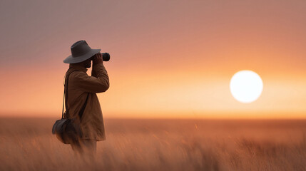 A photographer silhouettes against a radiant sunset, camera in hand, seeking the perfect shot in a golden field. Captures adventure, passion, and the beauty of nature.