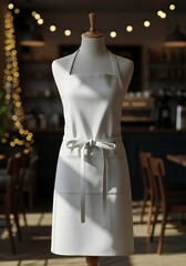 Elegant white apron displayed on a mannequin in a warmly lit cafe setting backdrop