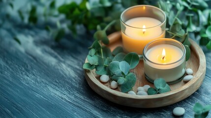 Scented candle display on a rustic wooden tray, surrounded by calming greenery and small decorative stones for a peaceful look