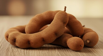 Arrangement of tamarind pods on a wooden surface in natural lighting
