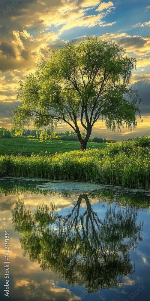 Poster tree is reflected in the water of a pond. the sky is cloudy and the sun is setting