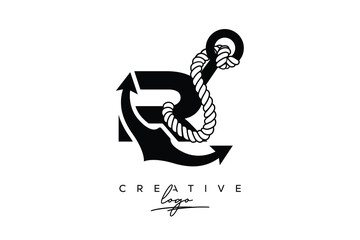 R Creative Monogram Latter Logo with Anchor and Rope Design Minimalistic Logo Design