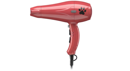 Isolated red hair dryer with paw print, for pets grooming and hygiene drying appliance