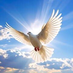 Obraz premium White dove soaring, sun rays