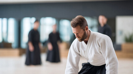 Obraz premium Focused martial artist in uniform, practicing discipline and mindfulness. Represents concentration, dedication, and inner strength. Ideal for motivation, sport, or wellbeing content.
