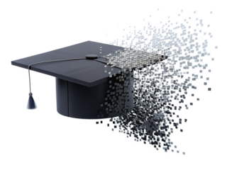  black graduation cap disintegrating into pixels on  white background ,PNG. AI  Generated 