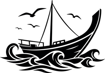 A boat in the ocean with birds flying around high quality stock photo background perfect for creative commercial and editorial use.