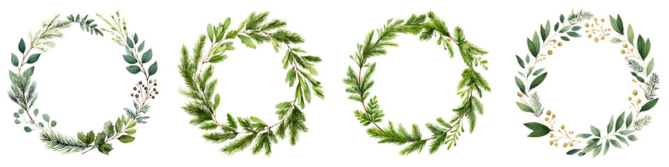 Collection of Festive Green Holiday Wreaths on White