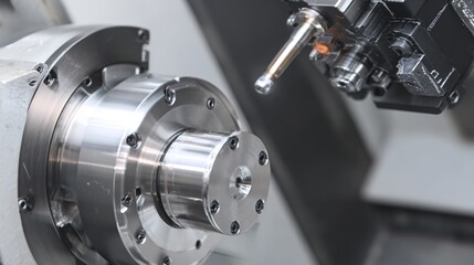 Fototapeta premium Close-Up of Lathe Turning Operation: Metal Workpiece Being Cut, Bright Sparks Flying, Precision Cutting Tool in Action, Industrial Machining Process—High-Def Shot for Engineering Education