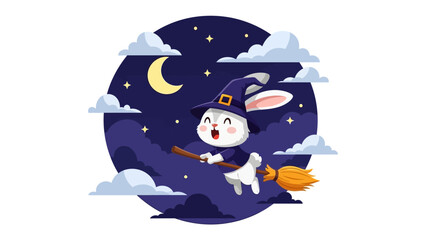 Whimsical Night Flight: A charming illustration of a bunny witch, donned in a traditional pointed hat, soaring through a starlit sky, embracing the fun of Halloween.