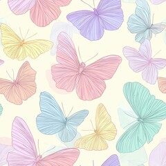 Soft seamless pattern featuring delicate line art pastel butterflies