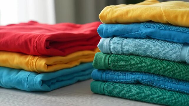 Stacks of Folded Colorful Laundry Including Red T-Shirts and Blue and Green Towels After Washing