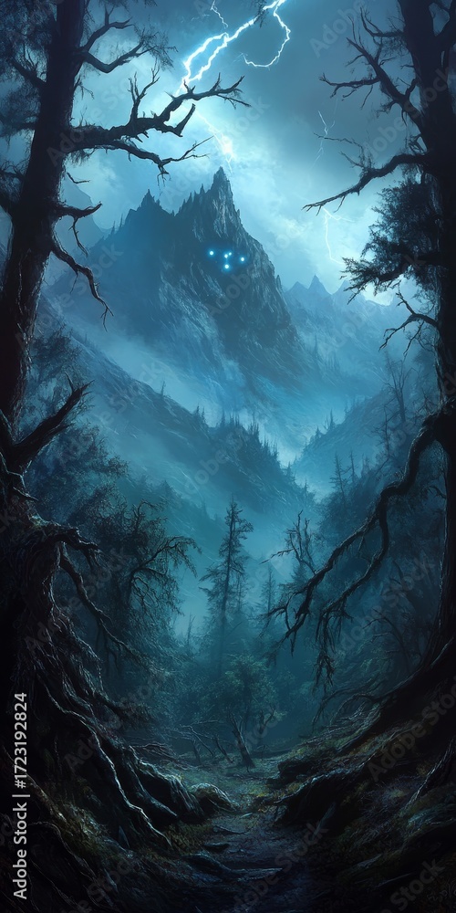 Poster dark forest with a mountain in the background. the sky is cloudy and the trees are bare