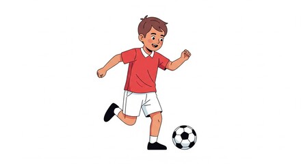 gambar vektor aktifitas anak laki laki style flat 2d background putih polos bermain sepakbola dengan kaos merah dan celana putih