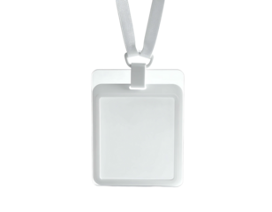 Blank white rectangular ID card hangs from a thin, light gray lanyard; simple, minimalist design