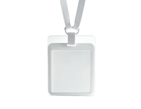 Blank white rectangular ID card hangs from a thin, light gray lanyard; simple, minimalist design