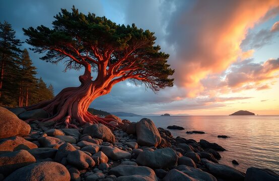 Tumbo Island arbutus tree at golden hour. Coastal landscape. Colorful sky over ocean, island. Pacific Madrona tree with red bark, green leaves on rocky shore. Natural beauty scenery at sunset sunrise.