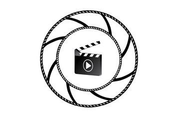 3d clapper board, 35mm round film reel vector design isolated on white. 3d filmstrip movie production icon illustration to use for motion picture, television, cinema, film project.