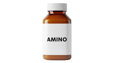 Isolated bottle of amber liquid medicine, supplement, with label, minimal design, studio shot