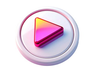 A 3D rendered play button; a pink, yellow, and orange gradient triangle sits on a white circular base