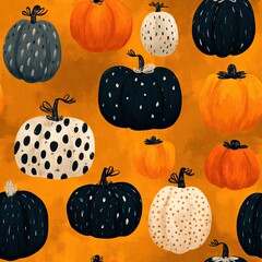 Seamless Halloween pattern featuring decorative hand-drawn pumpkins in bold colors.